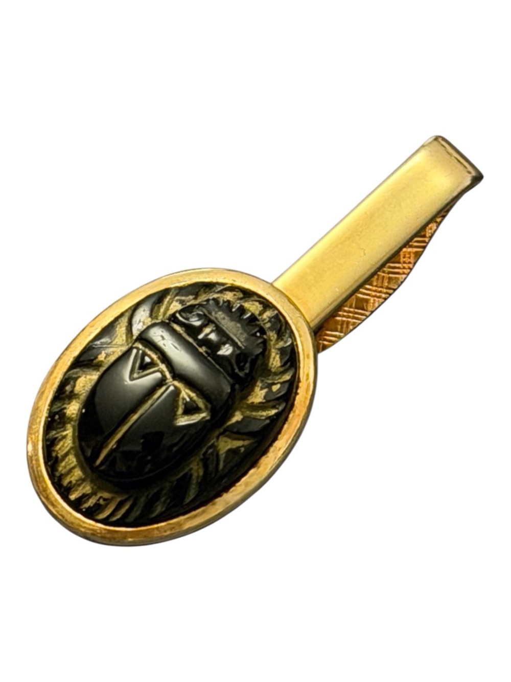 Vintage Gold-toned tie clip with Black stone carved Scarab 1 7/8”